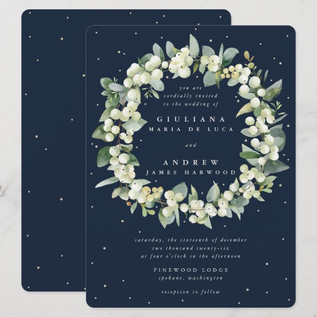 Invitation Couronne de mariage Navy Snowberry + Eucalyptus (Devant / Derrière)