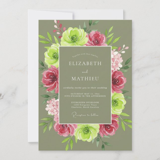 Invitation Couronne de mariage olive fuchsia (Devant)