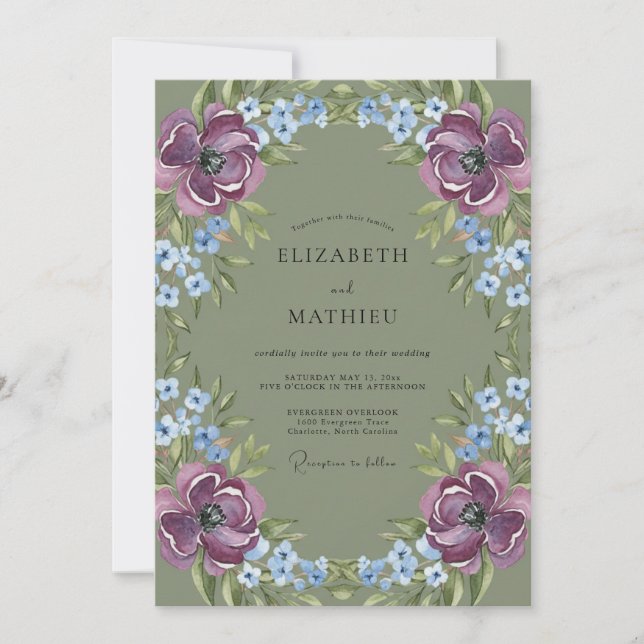Invitation Couronne de mariage Olive Mauve Azur (Devant)