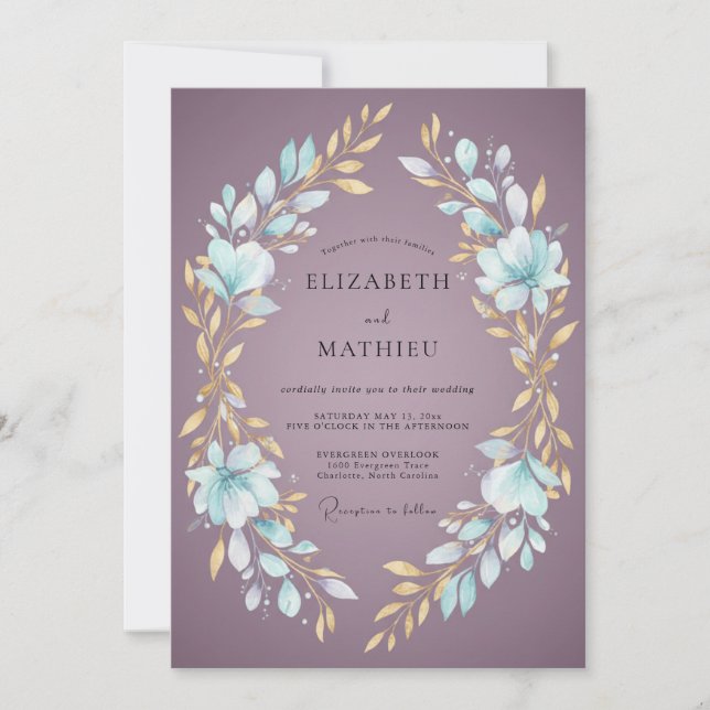 Invitation Couronne de mariage or mauve (Devant)