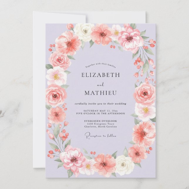 Invitation Couronne de mariage ovale florale mauve (Devant)