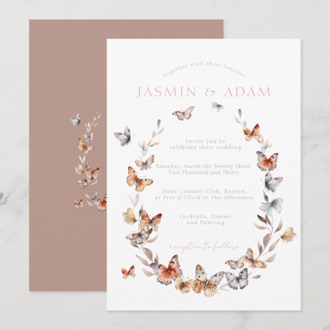 Invitation Couronne de mariage papillon rose élégant (Devant / Derrière)