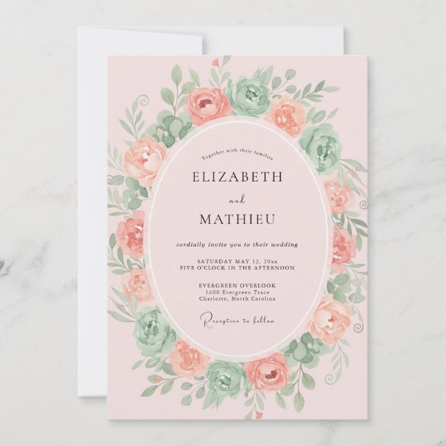 Invitation Couronne de mariage pêche sauge (Devant)