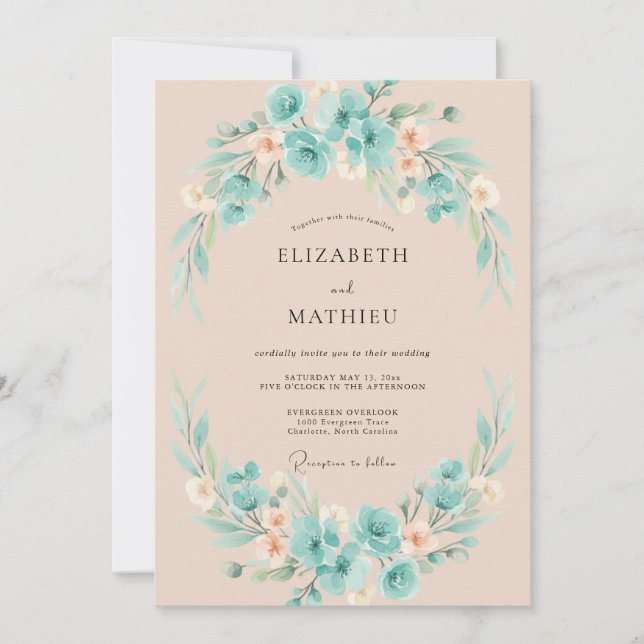 Invitation Couronne de mariage Pêche Turquoise (Devant)