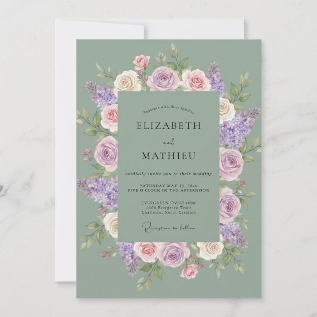 Invitation Couronne de mariage poussiéreuse de lilas et de me (Devant)