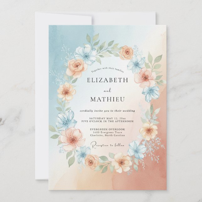 Invitation Couronne de mariage poussiéreuse pêche Bleuet (Devant)
