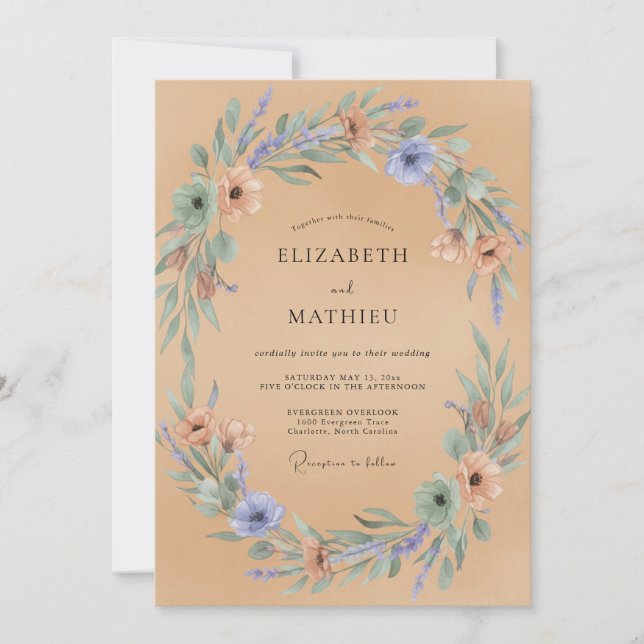 Invitation Couronne de mariage poussiéreuse pêche et pervench (Devant)