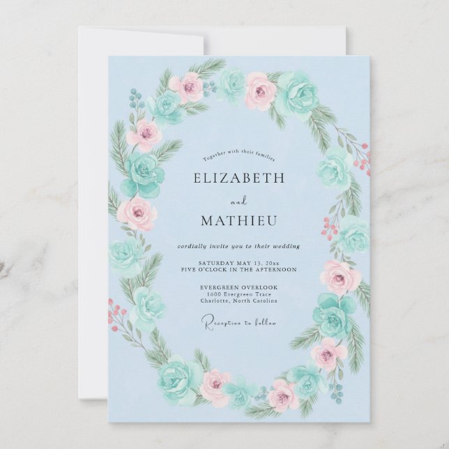 Invitation Couronne de mariage Powder Aqua (Devant)