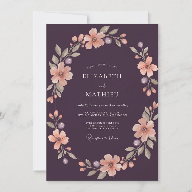 Invitation Couronne de mariage prune abricot (Devant)