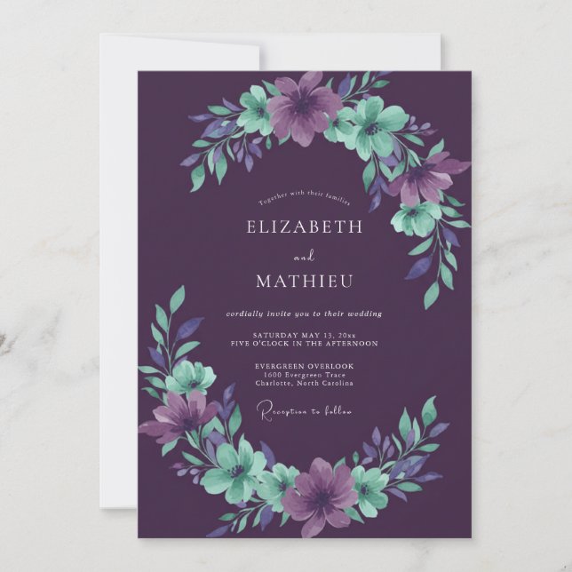 Invitation Couronne de mariage prune et menthe (Devant)