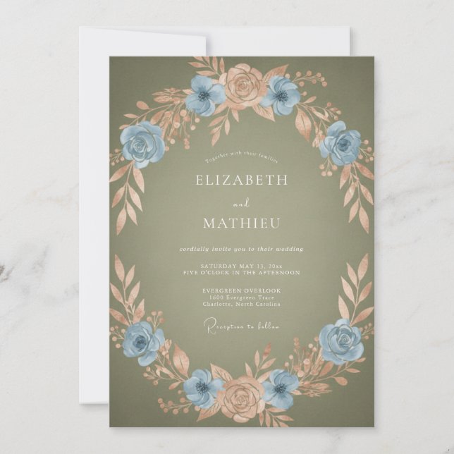 Invitation Couronne de mariage romantique Blue Peach (Devant)