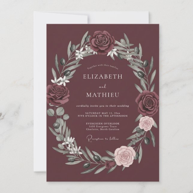Invitation Couronne de mariage romantique Burgundy Bloom (Devant)
