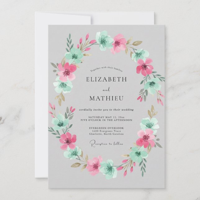 Invitation Couronne de mariage rose aqua (Devant)