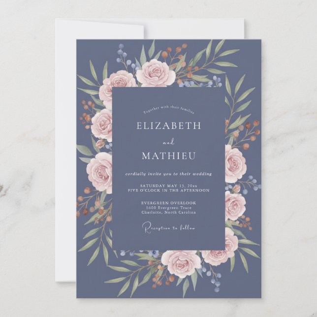 Invitation Couronne de mariage rose carmin sur fond d'ardoise (Devant)