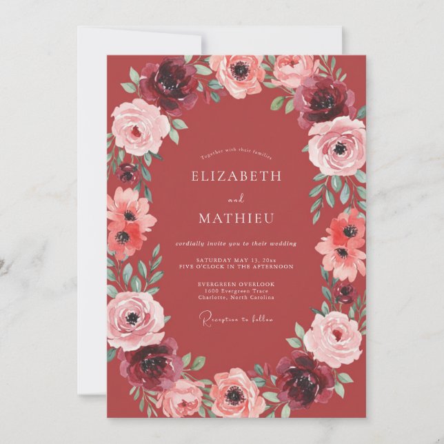 Invitation Couronne de mariage Rose Chaude Cramoisi (Devant)