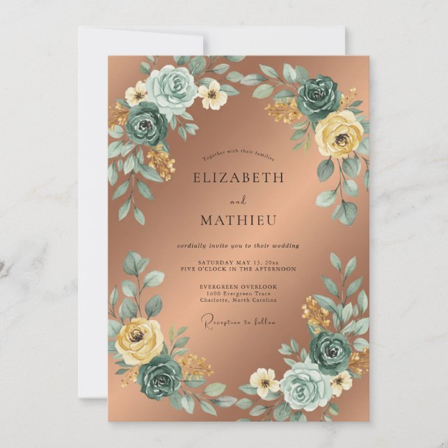 Invitation Couronne de mariage Rose cuivre sarcelle (Devant)