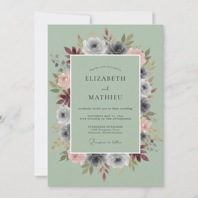 Invitation Couronne de mariage Rose Fardée Ardoise (Devant)