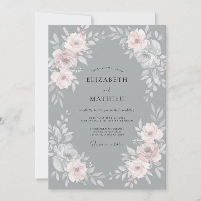 Invitation Couronne de mariage rose gris (Devant)