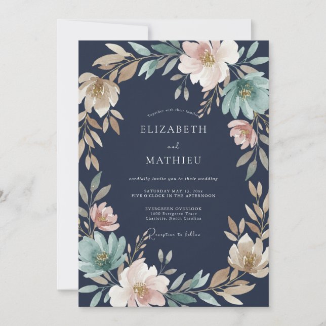 Invitation Couronne de mariage rose pâle Navy (Devant)