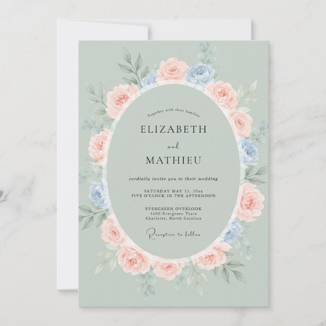 Invitation Couronne de mariage rose pêche et pervenche (Devant)