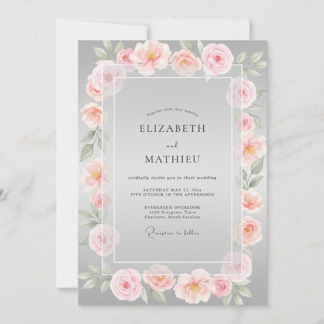 Invitation Couronne de mariage rose pétale d'ardoise (Devant)