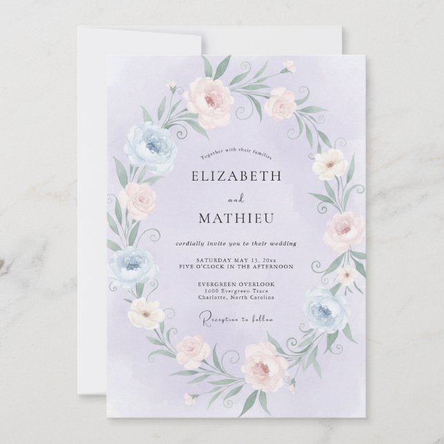 Invitation Couronne de mariage rose pétale de pervenche (Devant)