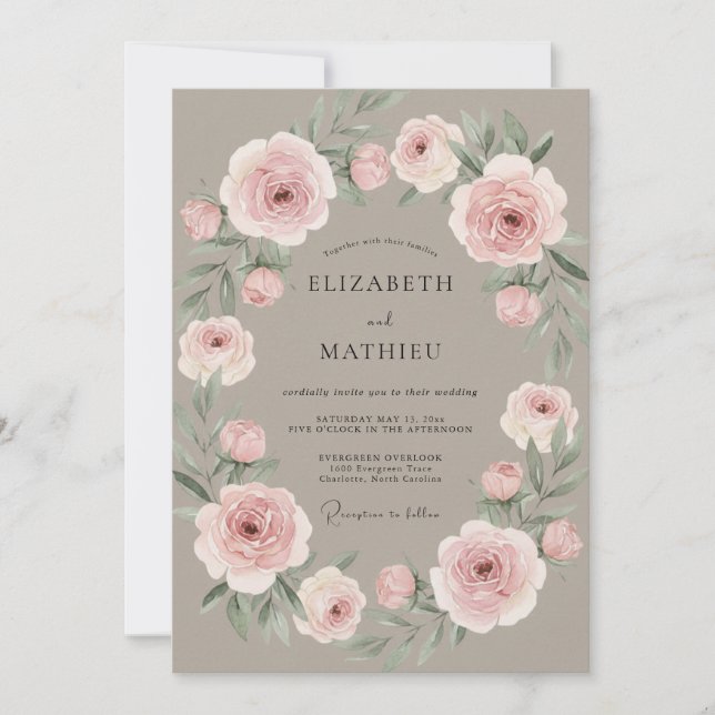 Invitation Couronne de mariage rose poussiéreuse (Devant)