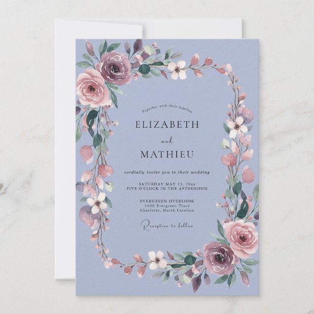 Invitation Couronne de mariage rose poussiéreuse et Pervenche (Devant)
