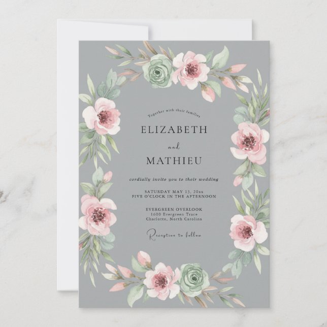 Invitation Couronne de mariage rose poussiéreuse grise (Devant)