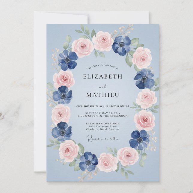 Invitation Couronne de mariage Rose rose azur (Devant)