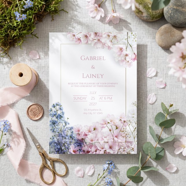 Invitation Couronne de mariage rose Sakura feuille de thé ver (Créateur téléchargé)