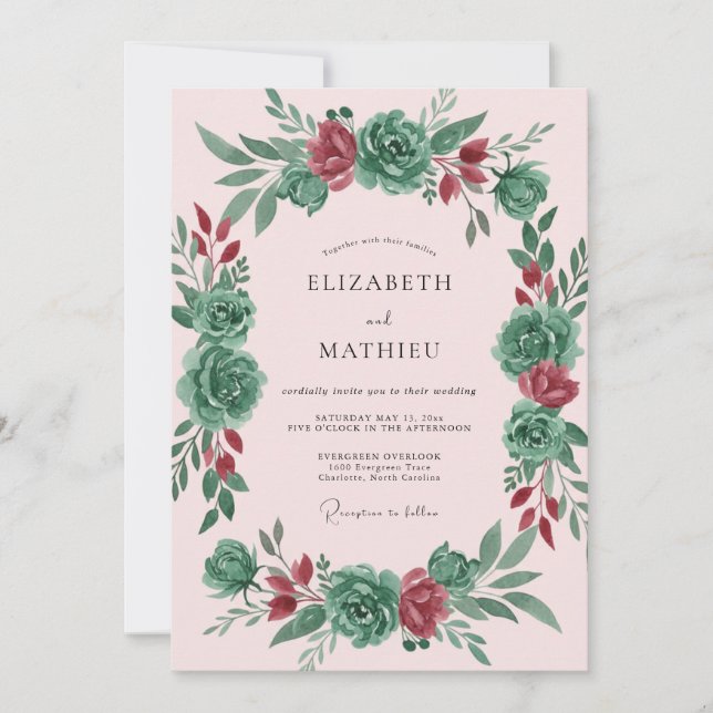 Invitation Couronne de mariage rose sarcelle moderne (Devant)
