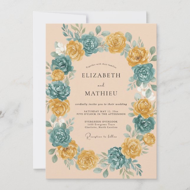 Invitation Couronne de mariage Rose sarcelle pêche (Devant)
