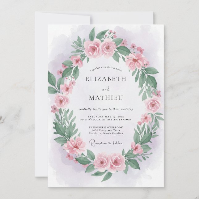 Invitation Couronne de mariage rose tendre (Devant)