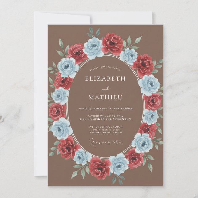 Invitation Couronne de mariage rouge grenat et pérywinkle (Devant)