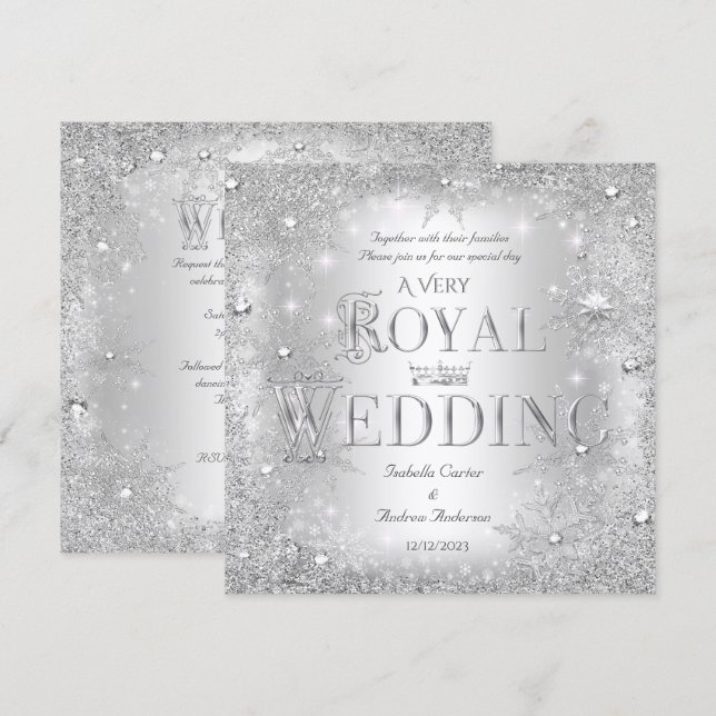 Invitation Couronne de mariage royale Silver Winter Wonderlan (Devant / Derrière)