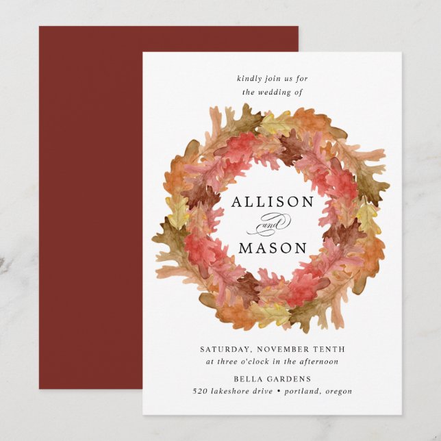 Invitation Couronne de mariage rustique avec feuilles d'autom (Devant / Derrière)