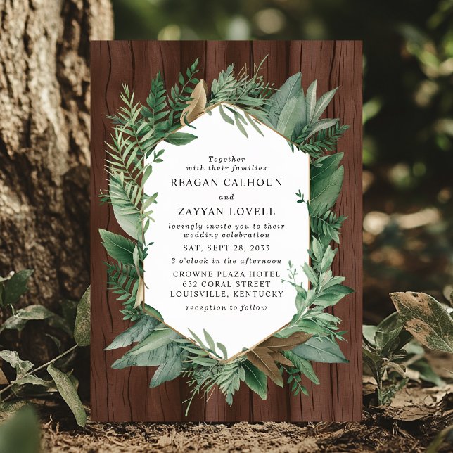 Invitation Couronne de mariage rustique de verdure et de bois (Créateur téléchargé)