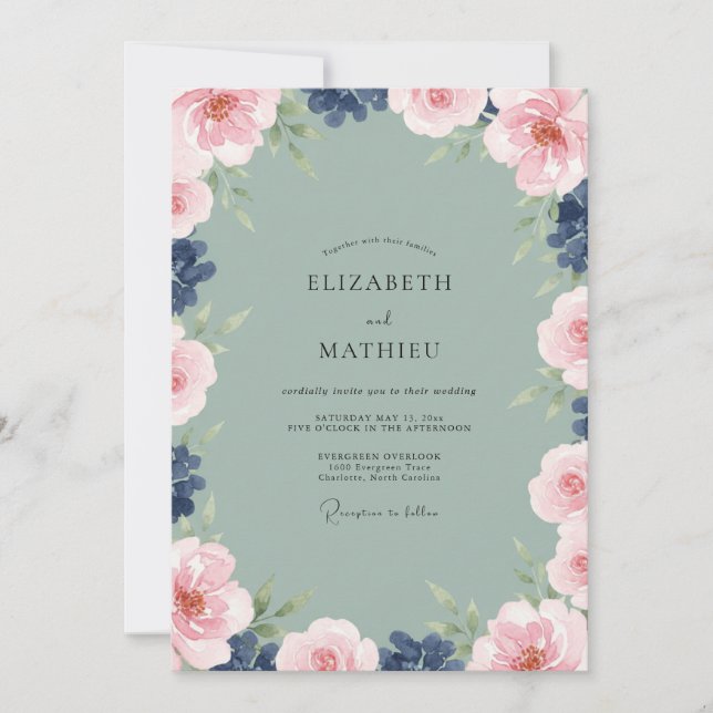 Invitation Couronne de mariage Sage Indigo (Devant)