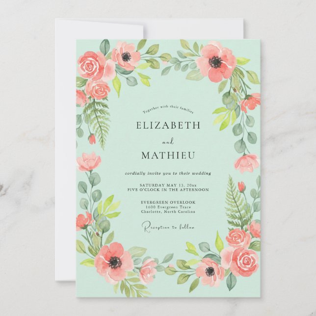 Invitation Couronne de mariage Saumon Menthe (Devant)