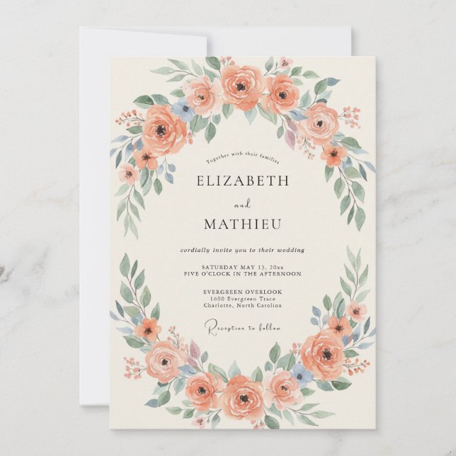 Invitation Couronne de mariage Saumon Paeony (Devant)