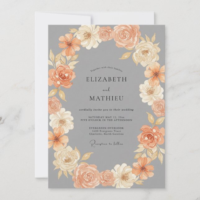 Invitation Couronne de mariage Slate Dusty Peach (Devant)