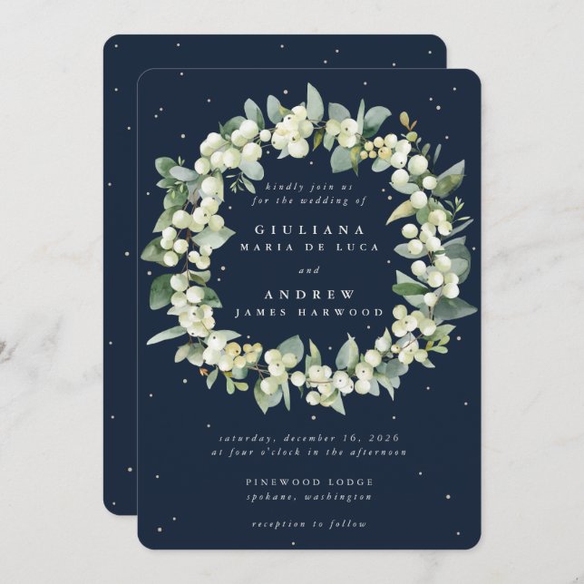 Invitation Couronne de mariage Snowberry+Eucalyptus Navy fonc (Devant / Derrière)