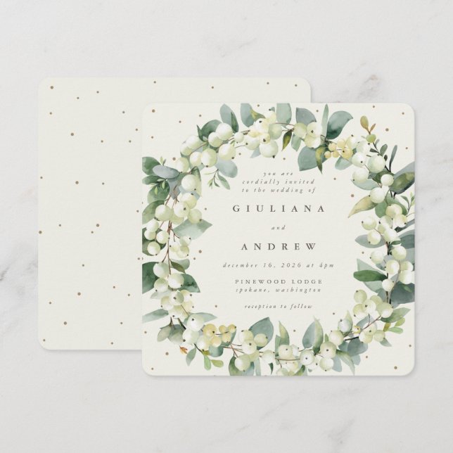 Invitation Couronne de mariage Square Cream Snowberry + Eucal (Devant / Derrière)