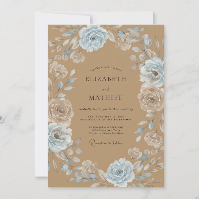 Invitation Couronne de mariage Tan Azure (Devant)