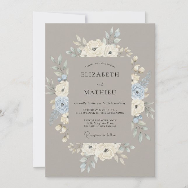 Invitation Couronne de mariage taupe et bleuet (Devant)