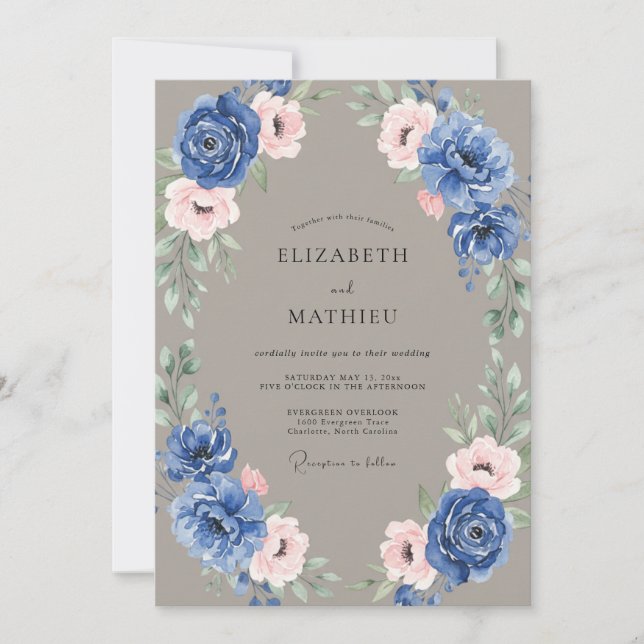 Invitation Couronne de mariage Taupe et Bleuet (Devant)