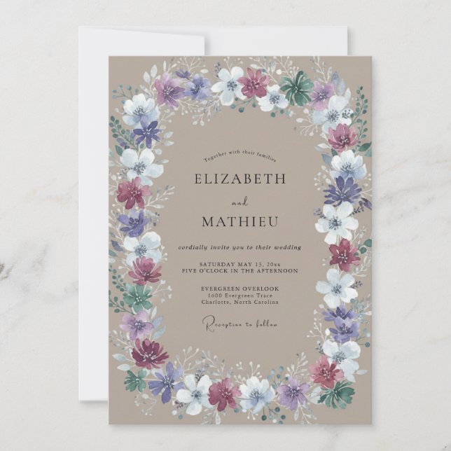 Invitation Couronne de mariage taupe pervenche pressée (Devant)