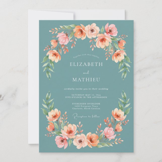 Invitation Couronne de mariage Teal Blush Bloom (Devant)