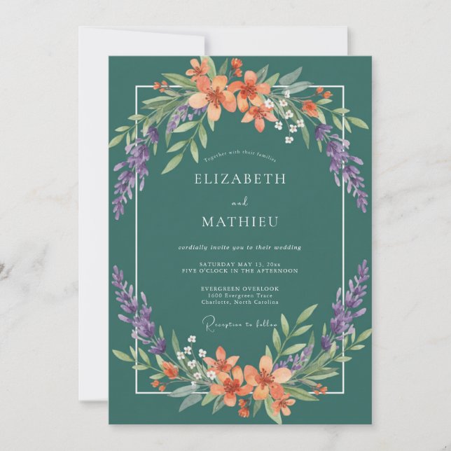 Invitation Couronne de mariage Teal Coral Blossom (Devant)
